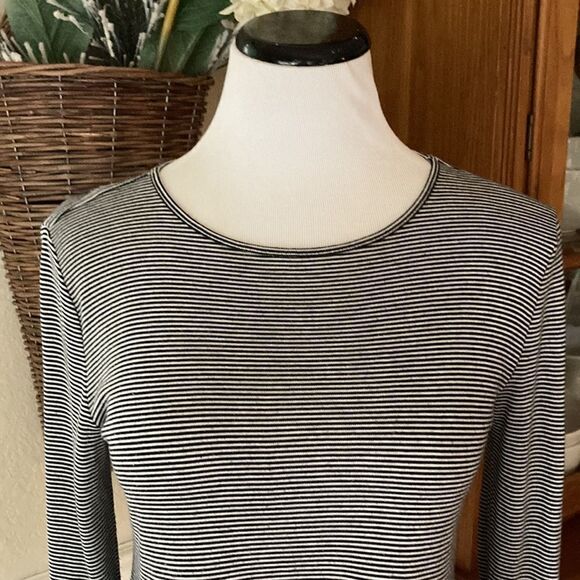 Loft Long Sleeve Navy/White Striped Top With High Low Sheer Hemline Size Small - Picture 2 of 11